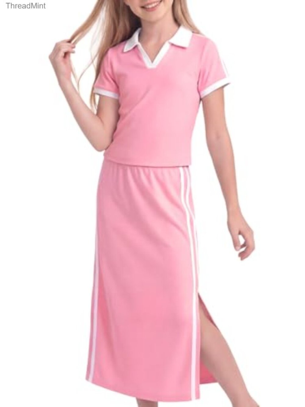 2 Piece Maxi Skirt Set Polo Top Preppy Outfit Girls 8-12 Cotton